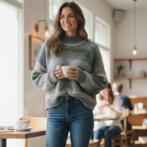 NEW Rachel Zoe Turtleneck Sweater Medium Blue Chunky Knit Pullover Cozy Winter